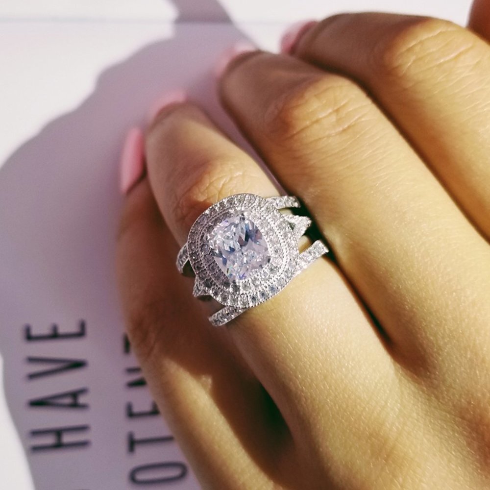 LAST 925 Silver Plated Square Cushion Zircon Ring Set‎